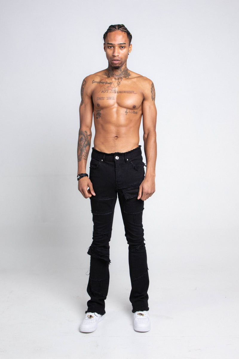 BLACK MID-RISE STACKED JEANS AS405 BLACK