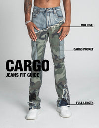 CAMO MID-RISE STACKED CARGO JEANS