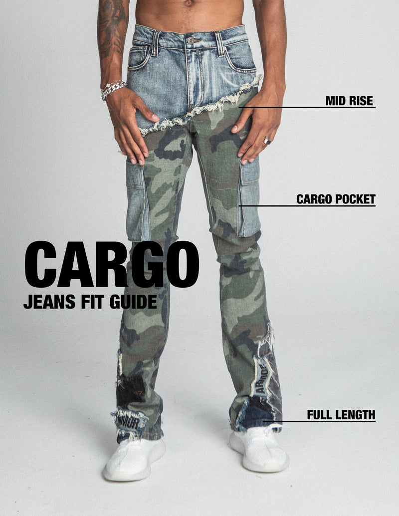 CAMO MID-RISE STACKED CARGO JEANS