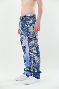 BLUE CARGO JACQUARD MID-RISE STACKED JEANS