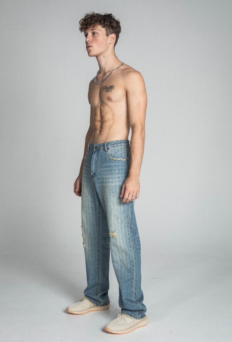 RIPPED BLUE THREAD LINE MID-RISE LOOSE JEANS