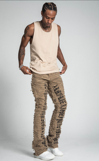 EXTREME FRAYED INSEAM LOGO MID-RISE STACKED JEANS