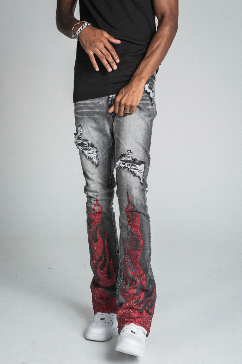 RHINESTONE FLAME MID-RISE STACKED JEANS